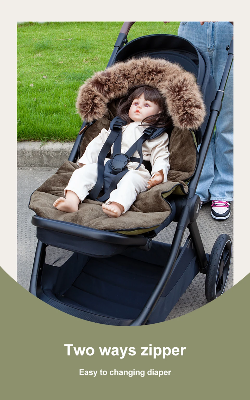 Army Green Footmuff In Baby Stroller Universal Winter Warm Baby Envelope 0-24 Months Windproof Fluffy Removable Fur Collar