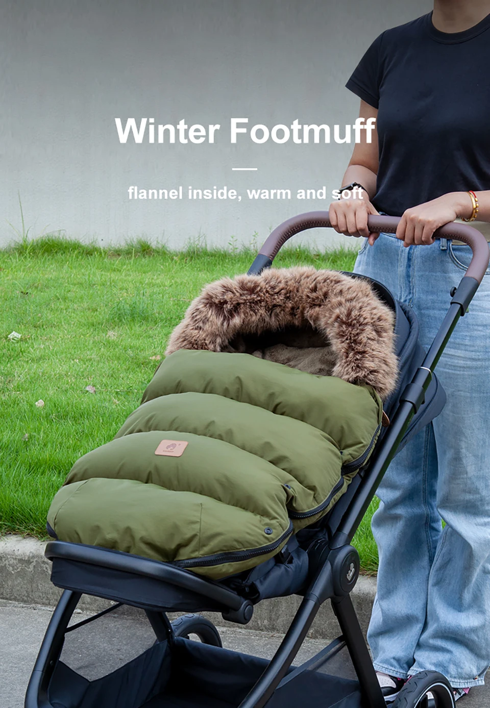 Army Green Footmuff In Baby Stroller Universal Winter Warm Baby Envelope 0-24 Months Windproof Fluffy Removable Fur Collar