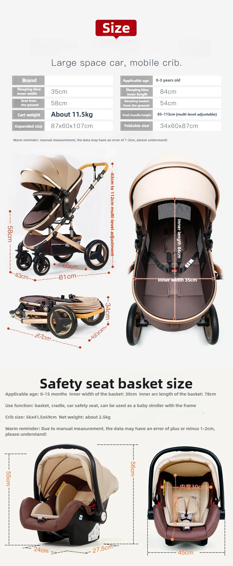 Newborn Baby Stroller 3 in 1 with Car Seat High View Baby Stroller with Sitting and Lying Function Multifunctional Baby Stroller