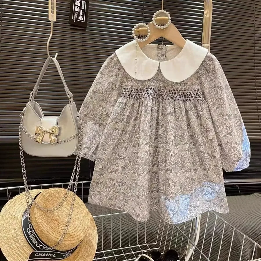 RAISE 2026 Spring Children Girl 2PCS Clothes Set Cotton Sticker Cardigans Suits Peter Pan Collar Printed Dress Baby Girl Outfit