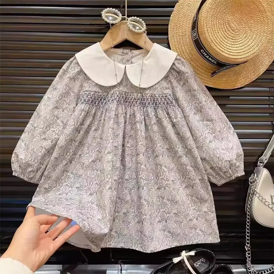 RAISE 2026 Spring Children Girl 2PCS Clothes Set Cotton Sticker Cardigans Suits Peter Pan Collar Printed Dress Baby Girl Outfit