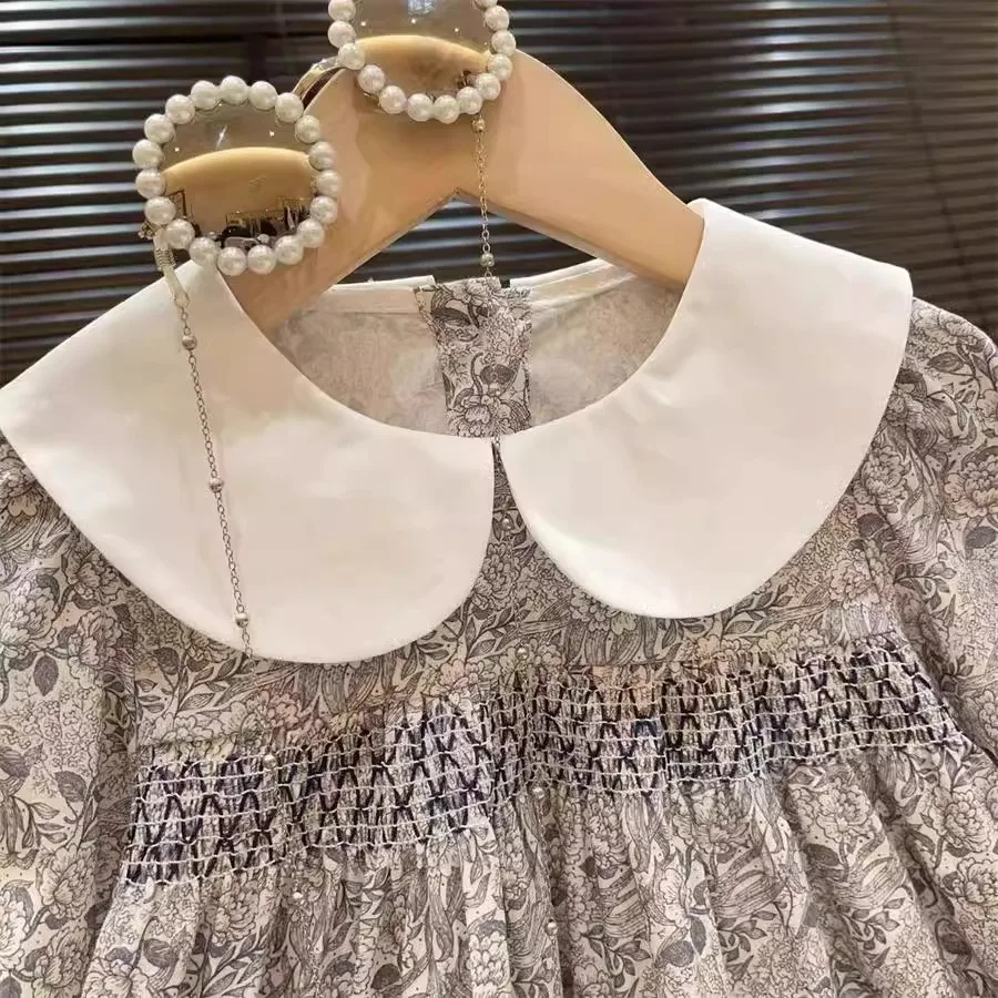 RAISE 2026 Spring Children Girl 2PCS Clothes Set Cotton Sticker Cardigans Suits Peter Pan Collar Printed Dress Baby Girl Outfit