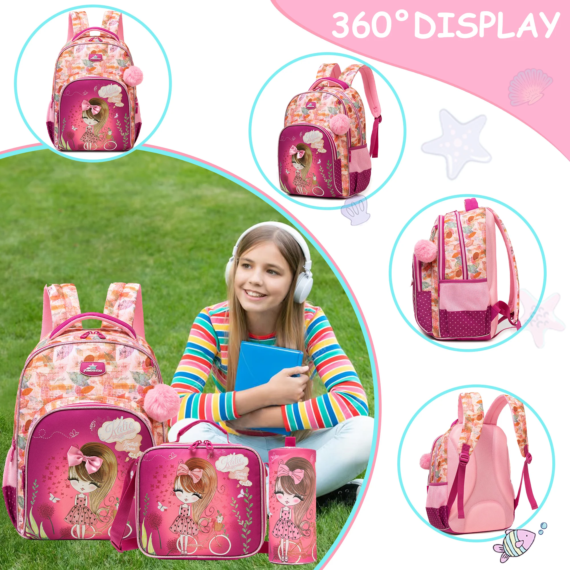 Backpack for Girls,Bookbag with Lunch Box Kids School Bag Set 3pcs Flower Girls Backpack Set School Daypack for Teens Girls