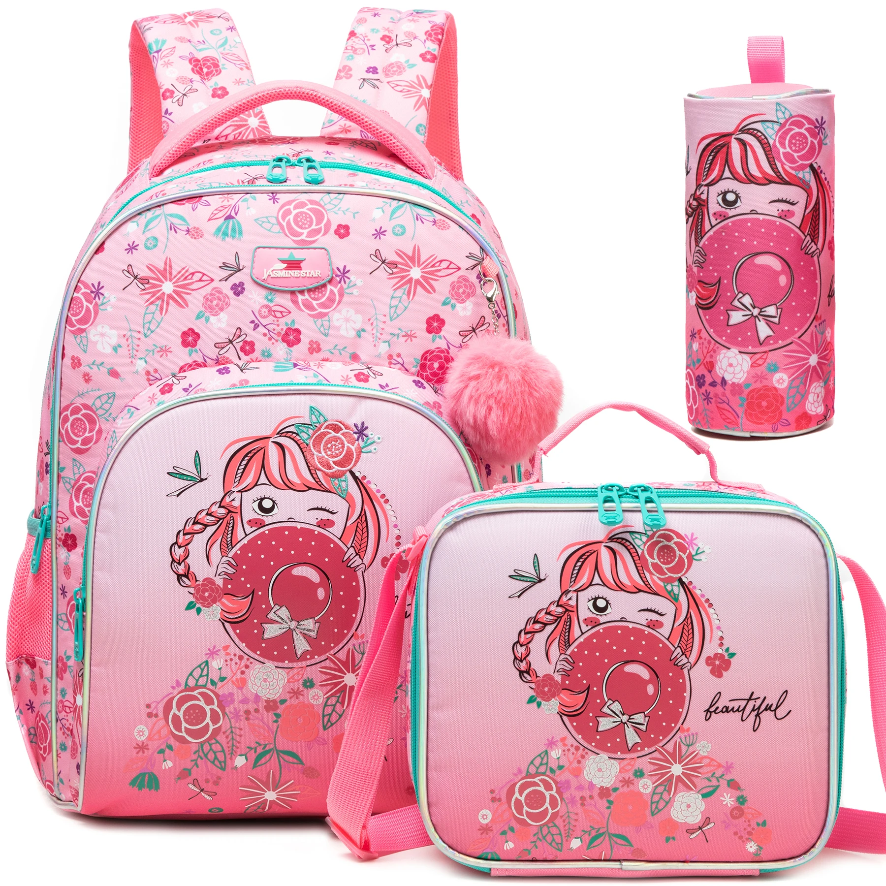 Backpack for Girls,Bookbag with Lunch Box Kids School Bag Set 3pcs Flower Girls Backpack Set School Daypack for Teens Girls