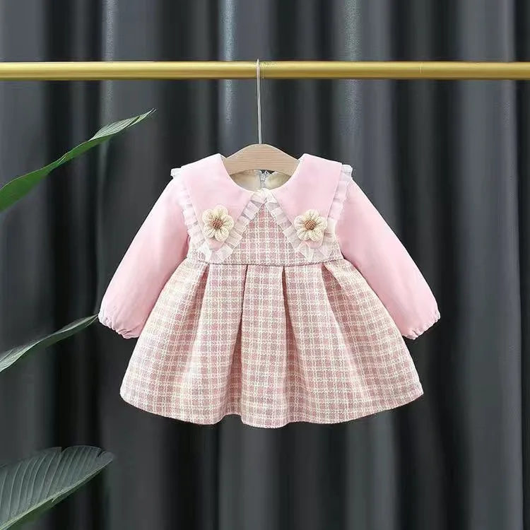 Winter girl's baby clothes dress for newborn 1st birthday lamb wool velvet thick warm floral dresses girls' baby clothing dress