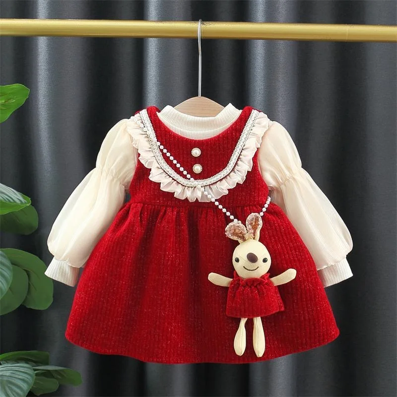 Winter girl's baby clothes dress for newborn 1st birthday lamb wool velvet thick warm floral dresses girls' baby clothing dress