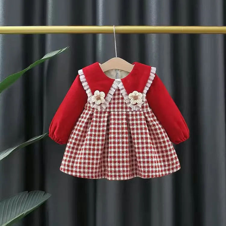 Winter girl's baby clothes dress for newborn 1st birthday lamb wool velvet thick warm floral dresses girls' baby clothing dress