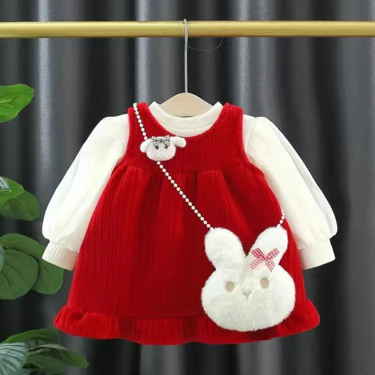 Winter girl's baby clothes dress for newborn 1st birthday lamb wool velvet thick warm floral dresses girls' baby clothing dress