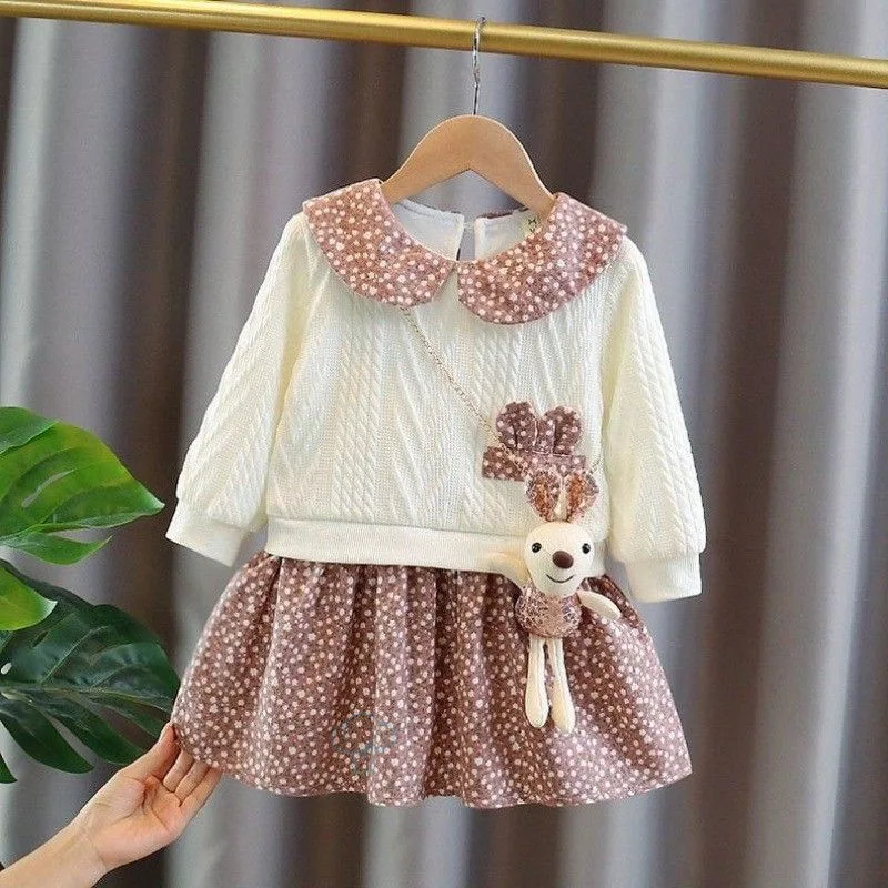 Winter girl's baby clothes dress for newborn 1st birthday lamb wool velvet thick warm floral dresses girls' baby clothing dress