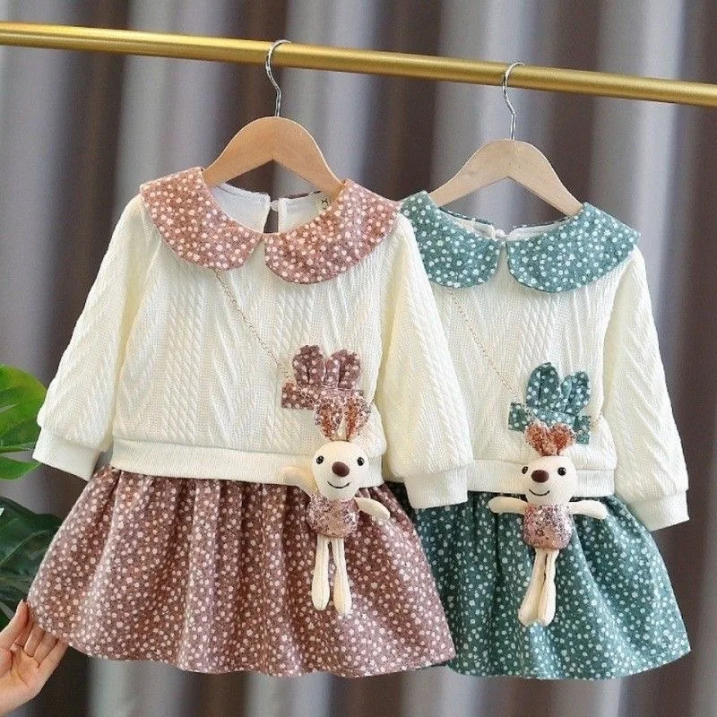 Winter girl's baby clothes dress for newborn 1st birthday lamb wool velvet thick warm floral dresses girls' baby clothing dress