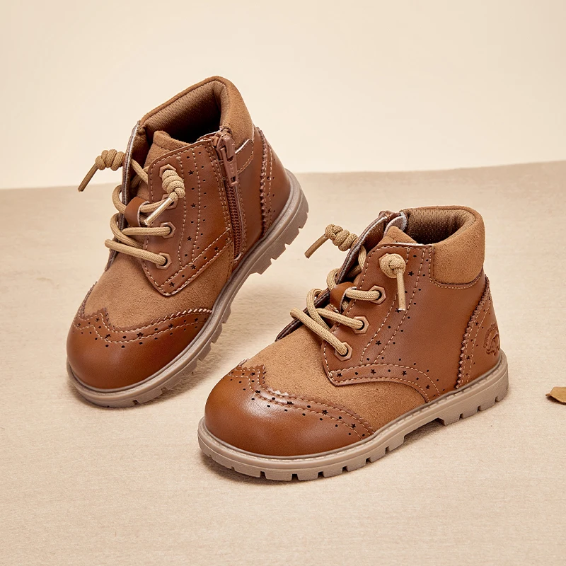 Dave Bella Leather Boots For Kids Brown Vintage Footwear For Boys Girls Anti-slippery Children's Boots DB4238404-S