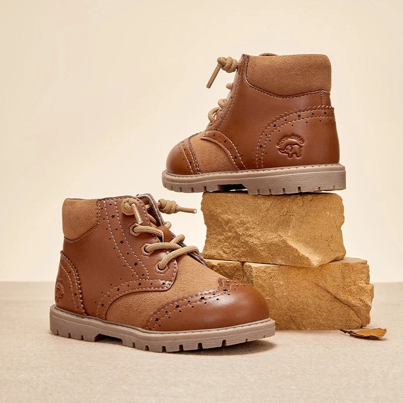 Dave Bella Leather Boots For Kids Brown Vintage Footwear For Boys Girls Anti-slippery Children's Boots DB4238404-S