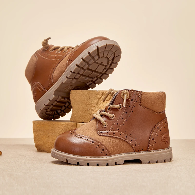 Dave Bella Leather Boots For Kids Brown Vintage Footwear For Boys Girls Anti-slippery Children's Boots DB4238404-S