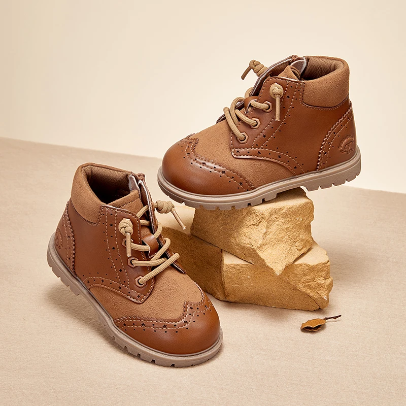 Dave Bella Leather Boots For Kids Brown Vintage Footwear For Boys Girls Anti-slippery Children's Boots DB4238404-S