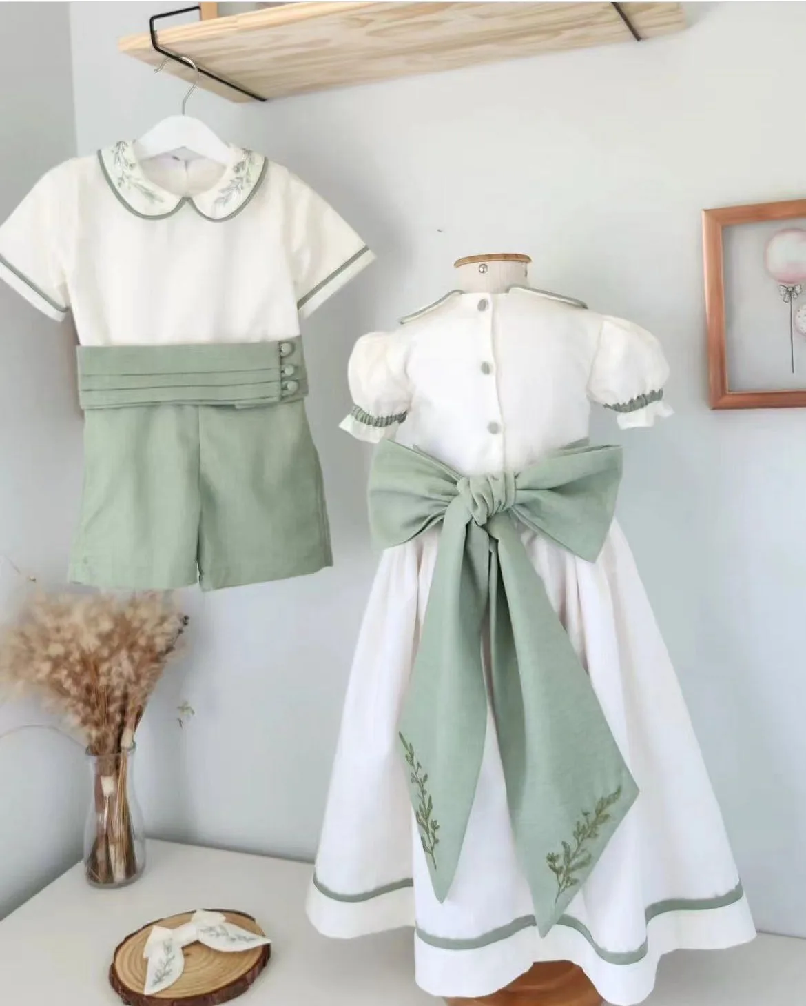 0-12Y Baby Girl Summer Handmade Embroidery White Green Dress Boy Suite for Birthday Holiday Photography Eid Casual B200