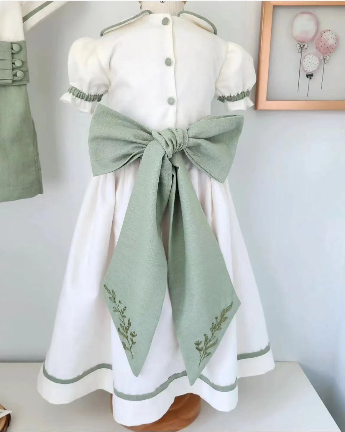 0-12Y Baby Girl Summer Handmade Embroidery White Green Dress Boy Suite for Birthday Holiday Photography Eid Casual B200