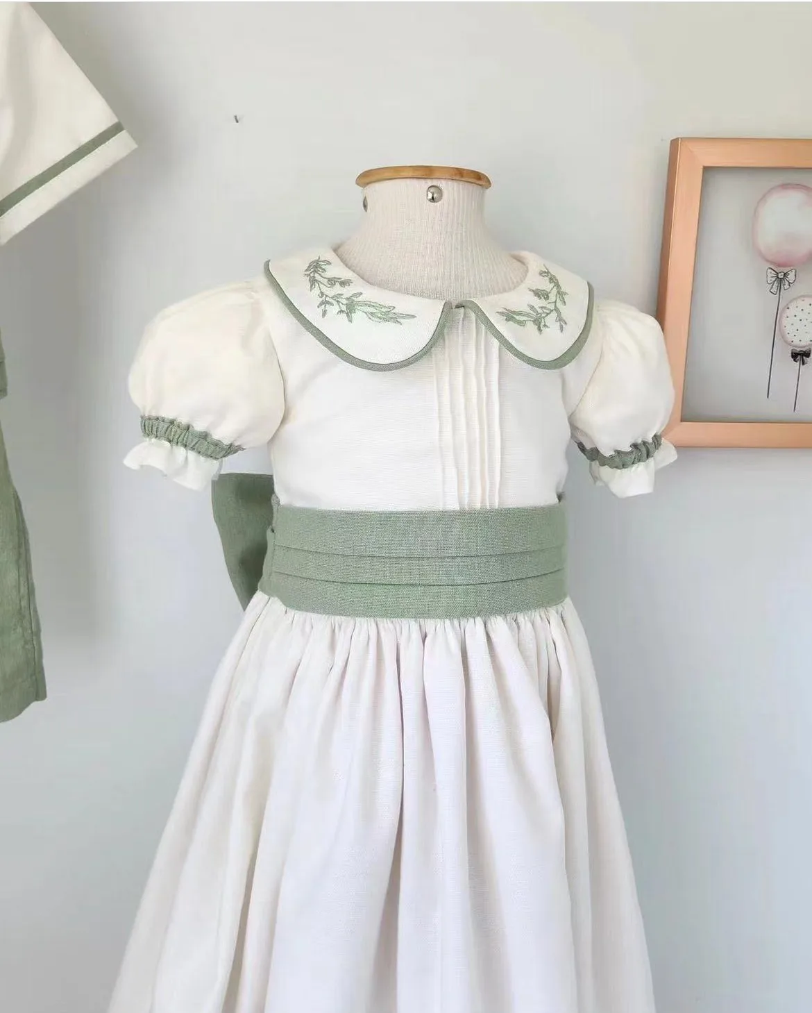 0-12Y Baby Girl Summer Handmade Embroidery White Green Dress Boy Suite for Birthday Holiday Photography Eid Casual B200