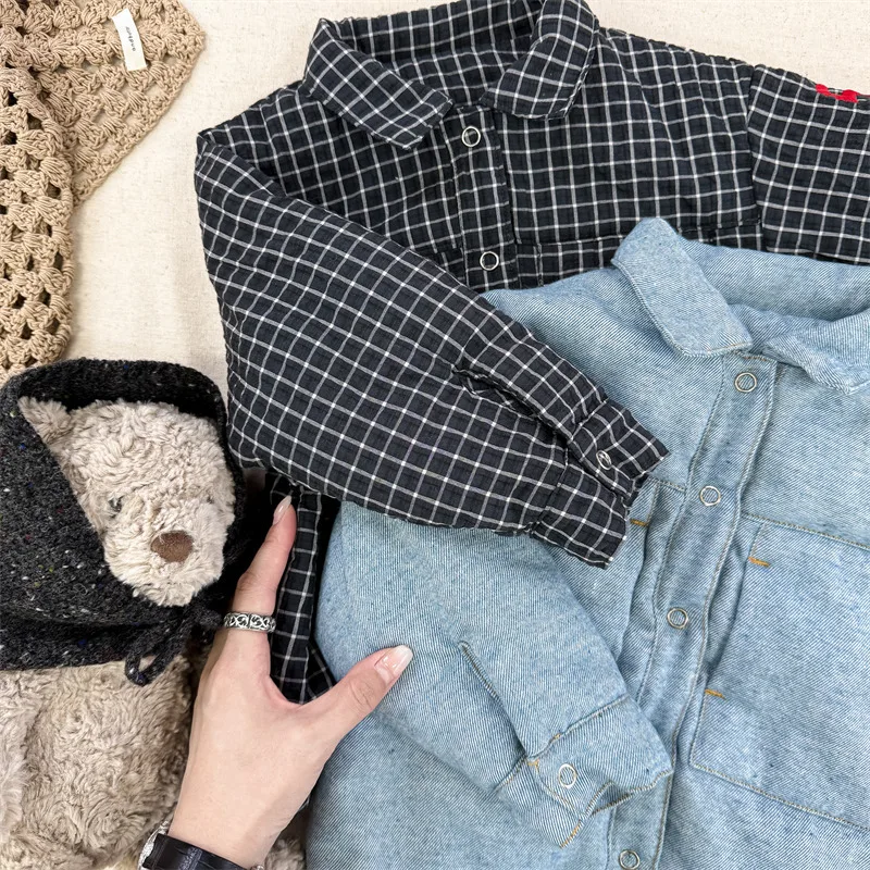 2026 Winter New Children Fleece Warm Shirts Coat Baby Girls Cotton Padded Jacket Letter Print Kids Boys Thicken Lapel Jacket