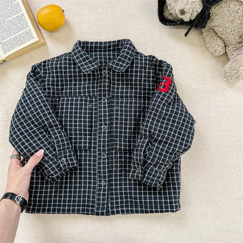 2026 Winter New Children Fleece Warm Shirts Coat Baby Girls Cotton Padded Jacket Letter Print Kids Boys Thicken Lapel Jacket