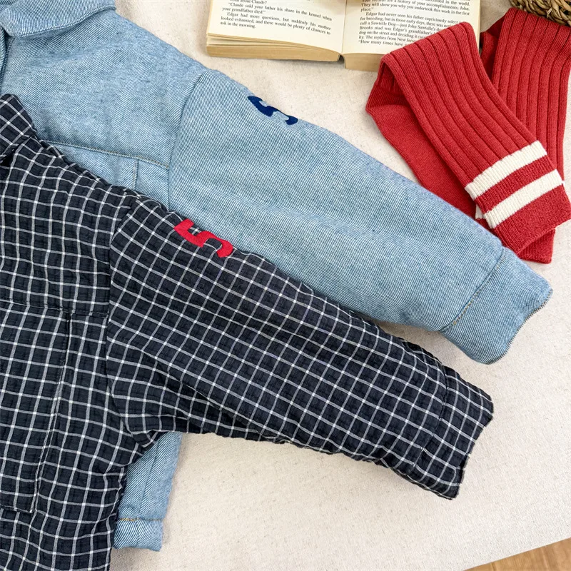 2026 Winter New Children Fleece Warm Shirts Coat Baby Girls Cotton Padded Jacket Letter Print Kids Boys Thicken Lapel Jacket