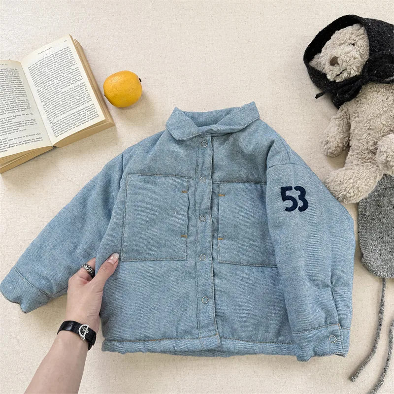 2026 Winter New Children Fleece Warm Shirts Coat Baby Girls Cotton Padded Jacket Letter Print Kids Boys Thicken Lapel Jacket
