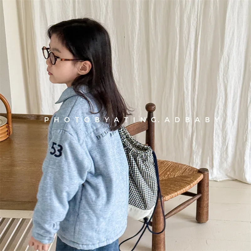 2026 Winter New Children Fleece Warm Shirts Coat Baby Girls Cotton Padded Jacket Letter Print Kids Boys Thicken Lapel Jacket