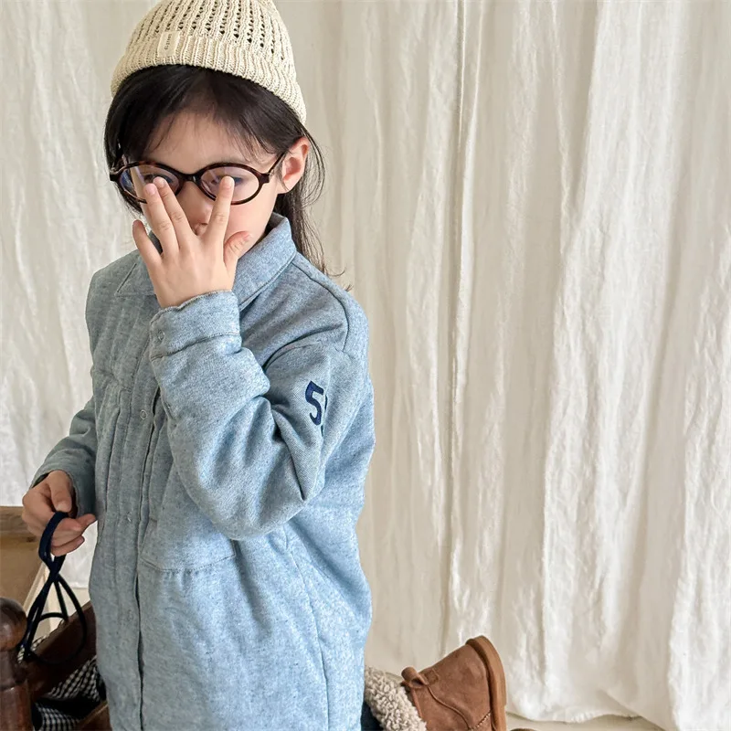 2026 Winter New Children Fleece Warm Shirts Coat Baby Girls Cotton Padded Jacket Letter Print Kids Boys Thicken Lapel Jacket