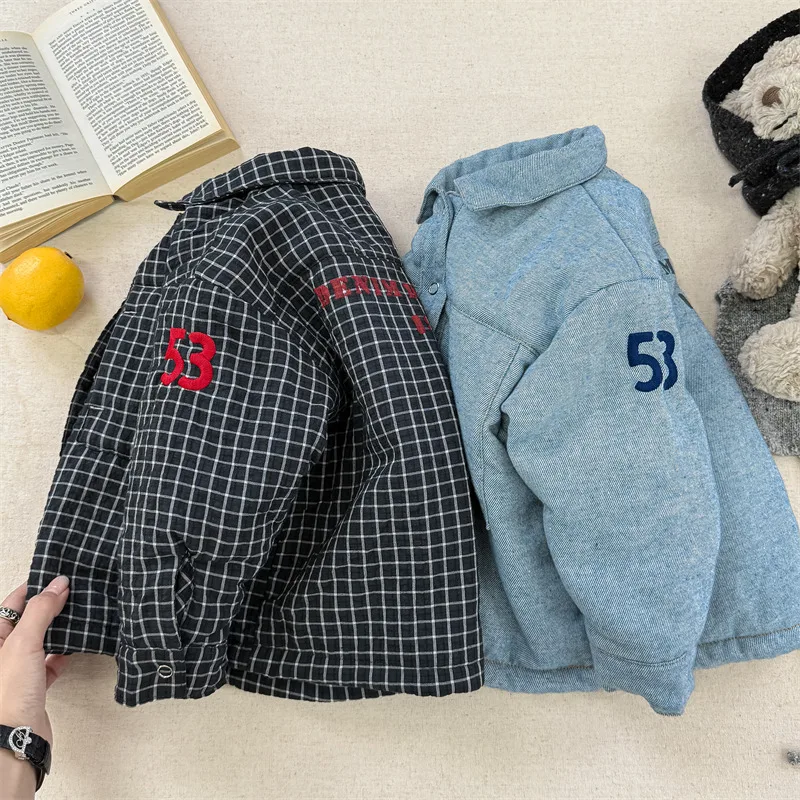 2026 Winter New Children Fleece Warm Shirts Coat Baby Girls Cotton Padded Jacket Letter Print Kids Boys Thicken Lapel Jacket