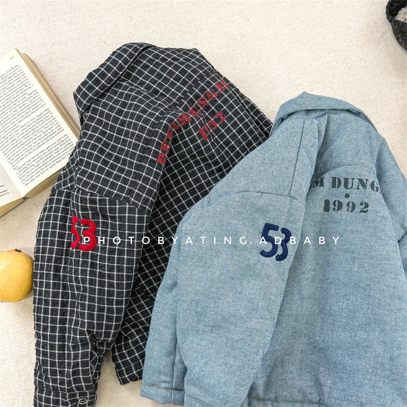 2026 Winter New Children Fleece Warm Shirts Coat Baby Girls Cotton Padded Jacket Letter Print Kids Boys Thicken Lapel Jacket