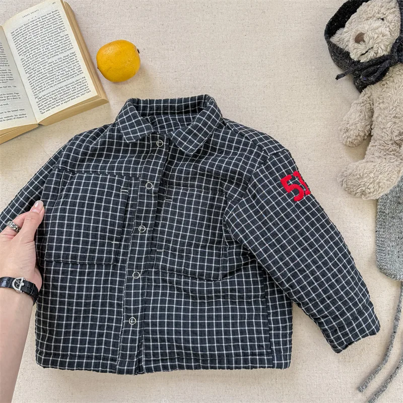 2026 Winter New Children Fleece Warm Shirts Coat Baby Girls Cotton Padded Jacket Letter Print Kids Boys Thicken Lapel Jacket