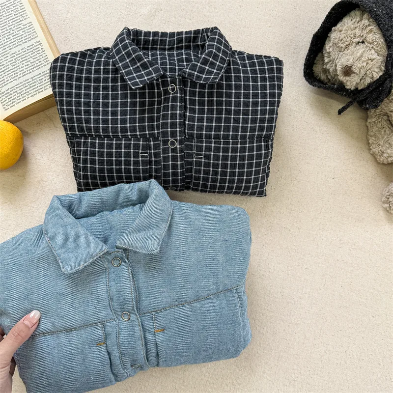 2026 Winter New Children Fleece Warm Shirts Coat Baby Girls Cotton Padded Jacket Letter Print Kids Boys Thicken Lapel Jacket