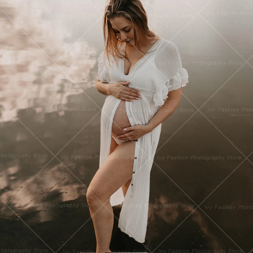 Comfortable Linen Cotton Dress For Pregnant Women Waist Drawstring Beach Skirt Bohemian Photo Shooting Pregnancy Dress