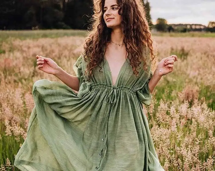 Comfortable Linen Cotton Dress For Pregnant Women Waist Drawstring Beach Skirt Bohemian Photo Shooting Pregnancy Dress