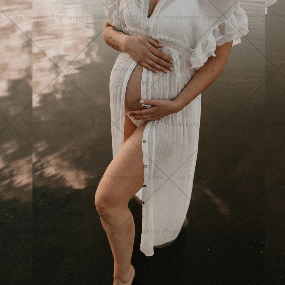Comfortable Linen Cotton Dress For Pregnant Women Waist Drawstring Beach Skirt Bohemian Photo Shooting Pregnancy Dress
