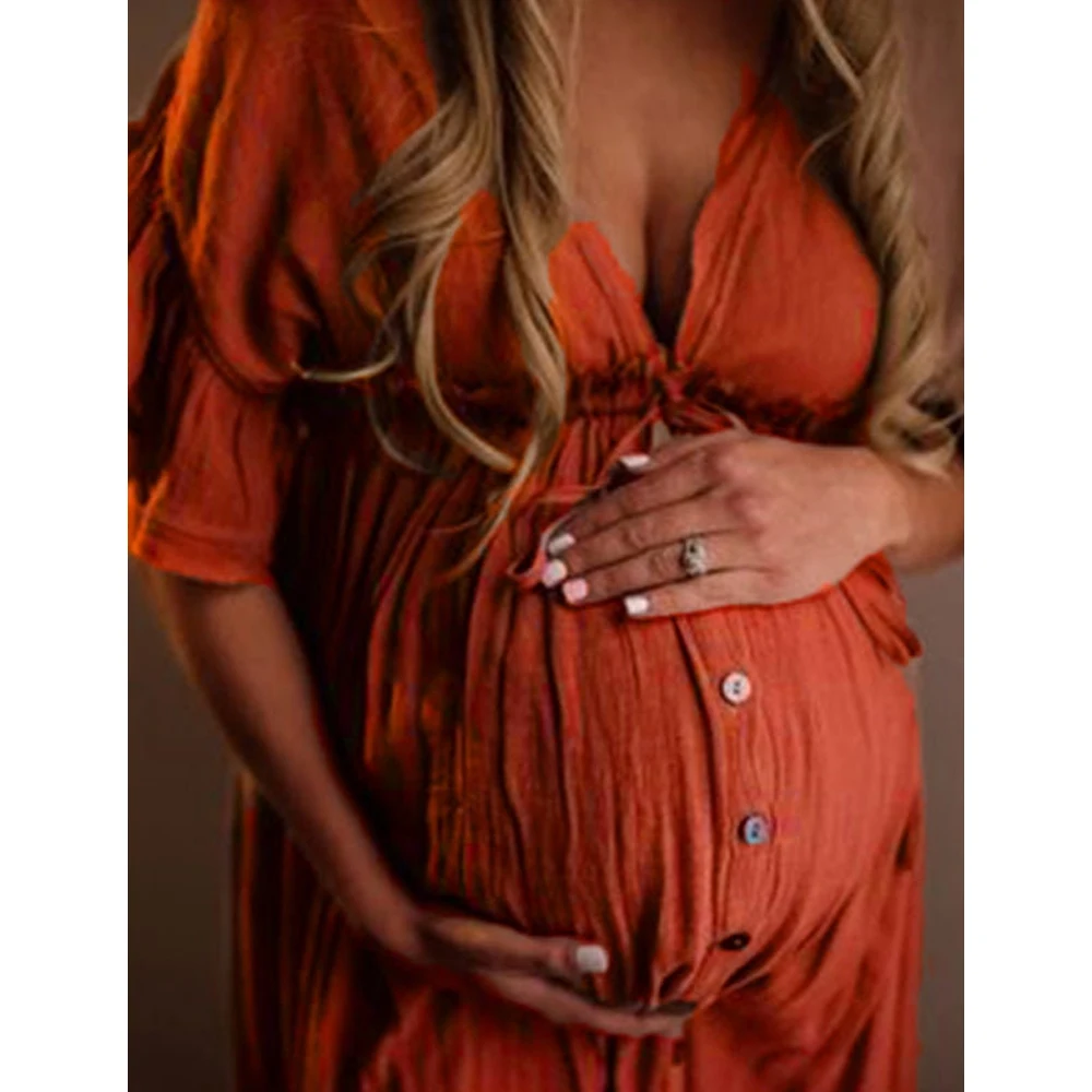Comfortable Linen Cotton Dress For Pregnant Women Waist Drawstring Beach Skirt Bohemian Photo Shooting Pregnancy Dress
