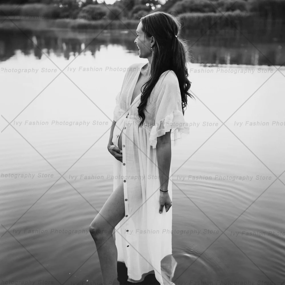 Comfortable Linen Cotton Dress For Pregnant Women Waist Drawstring Beach Skirt Bohemian Photo Shooting Pregnancy Dress