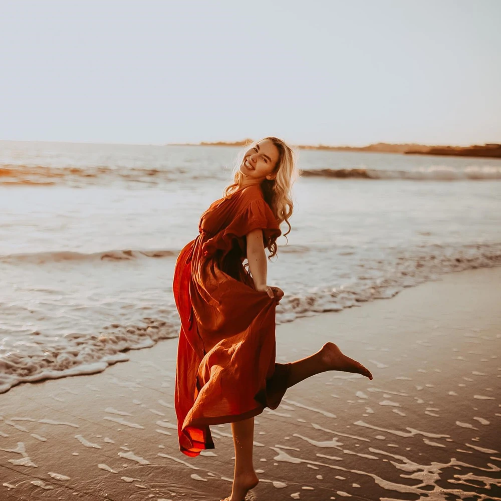 Comfortable Linen Cotton Dress For Pregnant Women Waist Drawstring Beach Skirt Bohemian Photo Shooting Pregnancy Dress