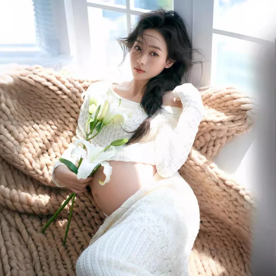 Women Maternity Dress for Photography White Elegant Knitted One-shoulder Pregancy Top Skirt for Studio Photo Shoot Clothing