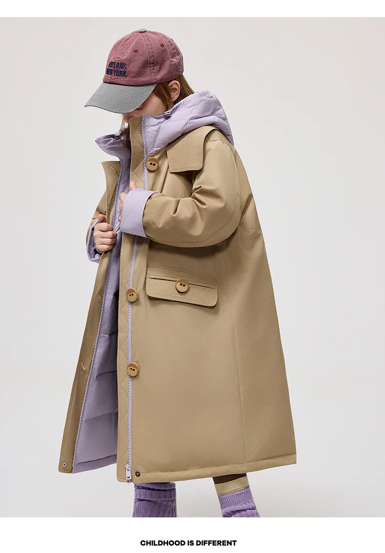 Korean 2026 Winter Junior Girls Mid-length Coat Hooded 4-14Y Kids Girls Padded Trench Coat Solid Thick Teens Girls Ski Jackets