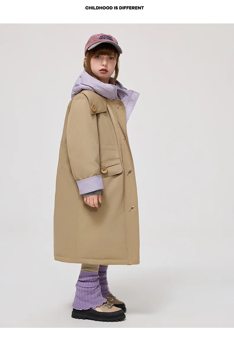 Korean 2026 Winter Junior Girls Mid-length Coat Hooded 4-14Y Kids Girls Padded Trench Coat Solid Thick Teens Girls Ski Jackets