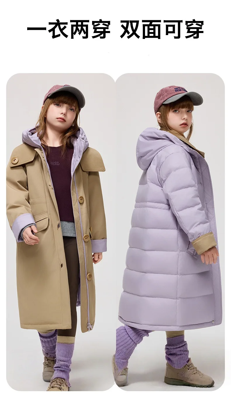 Korean 2026 Winter Junior Girls Mid-length Coat Hooded 4-14Y Kids Girls Padded Trench Coat Solid Thick Teens Girls Ski Jackets