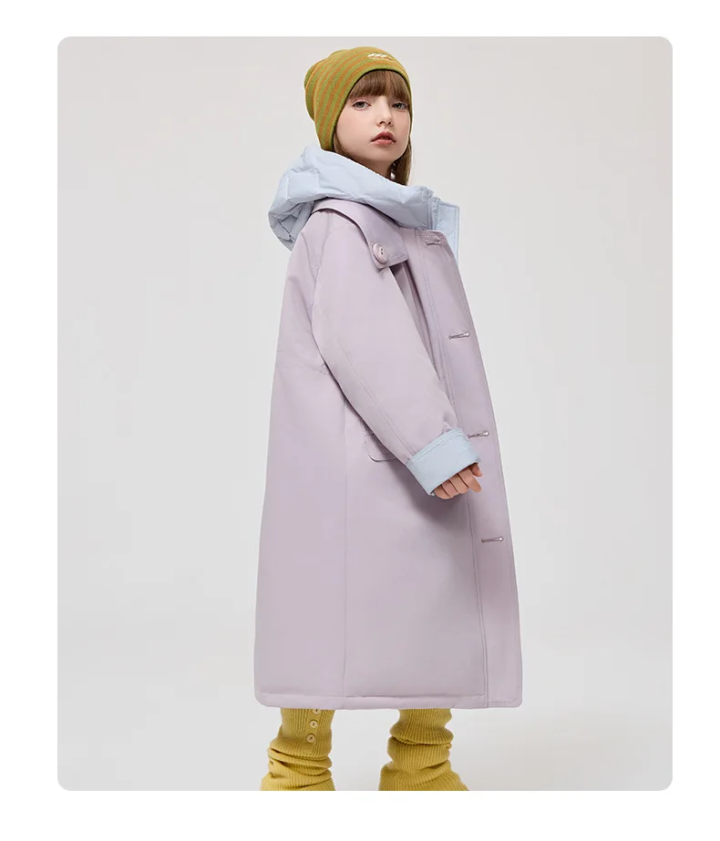 Korean 2026 Winter Junior Girls Mid-length Coat Hooded 4-14Y Kids Girls Padded Trench Coat Solid Thick Teens Girls Ski Jackets
