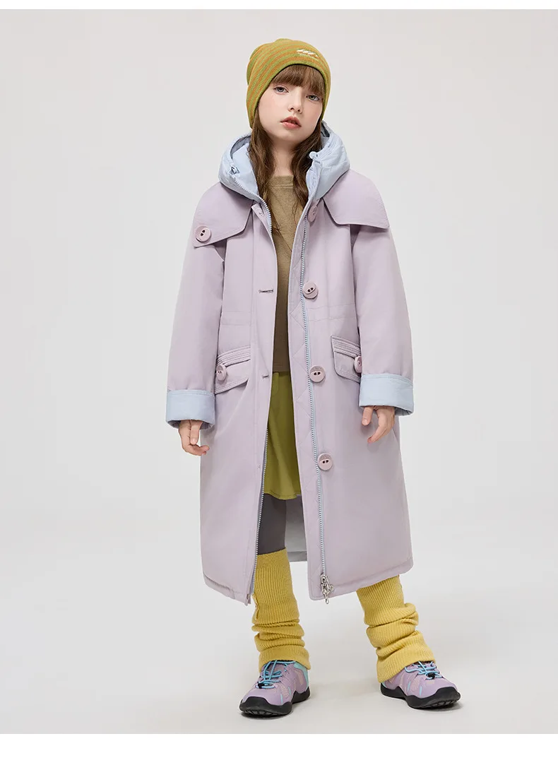 Korean 2026 Winter Junior Girls Mid-length Coat Hooded 4-14Y Kids Girls Padded Trench Coat Solid Thick Teens Girls Ski Jackets