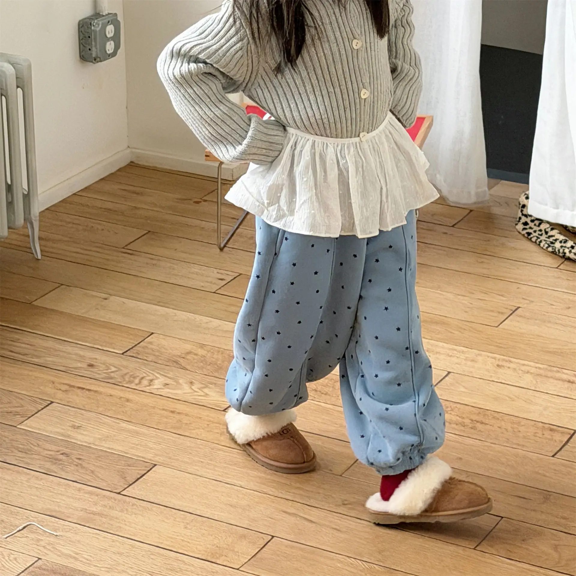 2025 Winter New Children Warm Pants Boys Girls Star Print Harem Pants Kids Fleece Trousers Baby Plus Velvet Thick Casual Pants