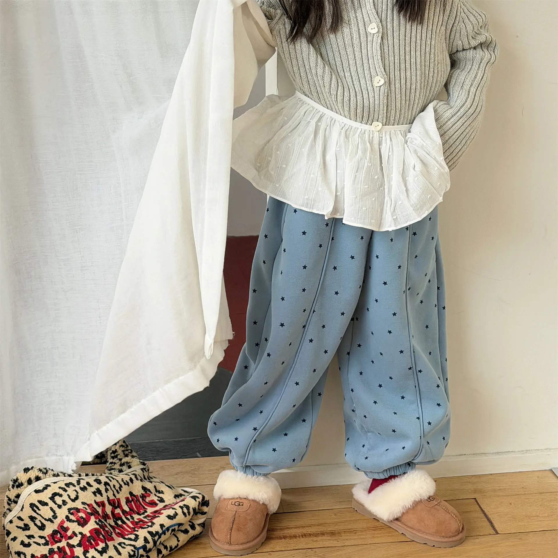 2025 Winter New Children Warm Pants Boys Girls Star Print Harem Pants Kids Fleece Trousers Baby Plus Velvet Thick Casual Pants