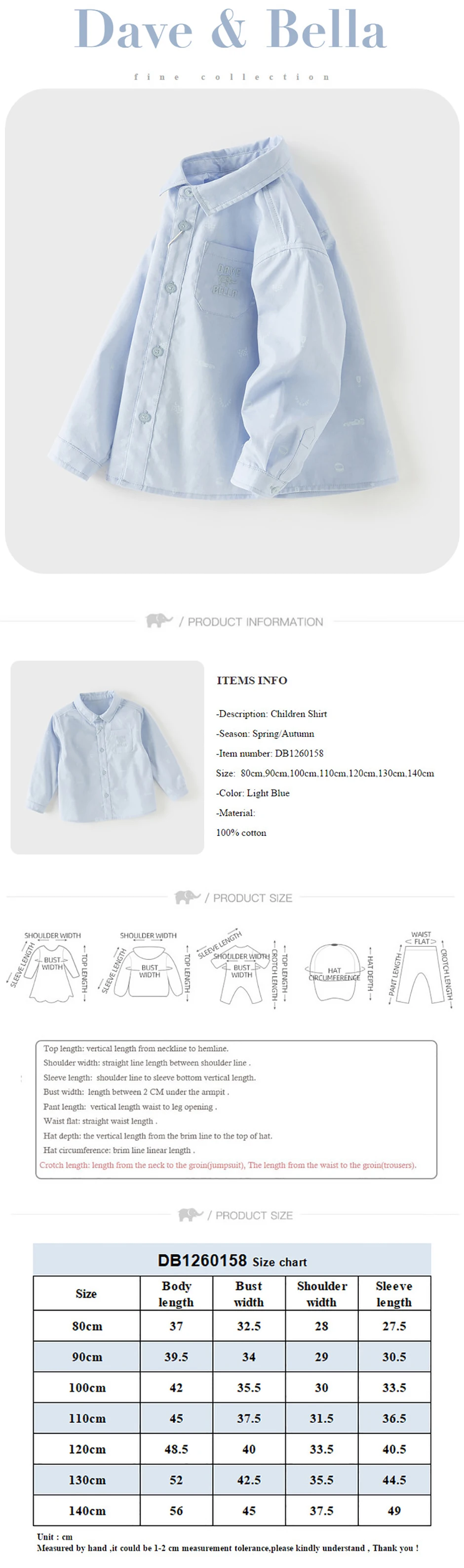 Dave Bella Children Pure Cotton Shirt Autumn Spring Boys Clothes Kids Elegant Blue Blouse Preppy Style Kid Outdoor Top DB1260158