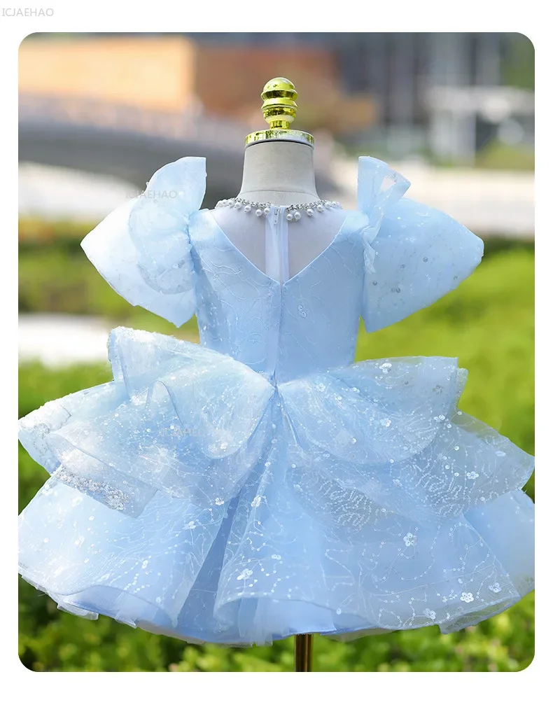 Girls Blue Party Dress Vestido Princess Gown Birthday Party Kids Elegant Piano Recital Pageant Formal Children Costumes Dress
