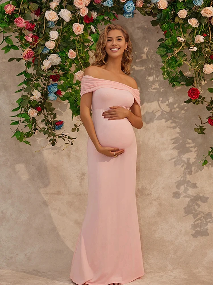 Off Shoulder Maternity Dress Photoshoot Pink Pregnancy Gown Mermaid Maxi Gender Reveal Baby Shower Elegant Photography Prop Plus