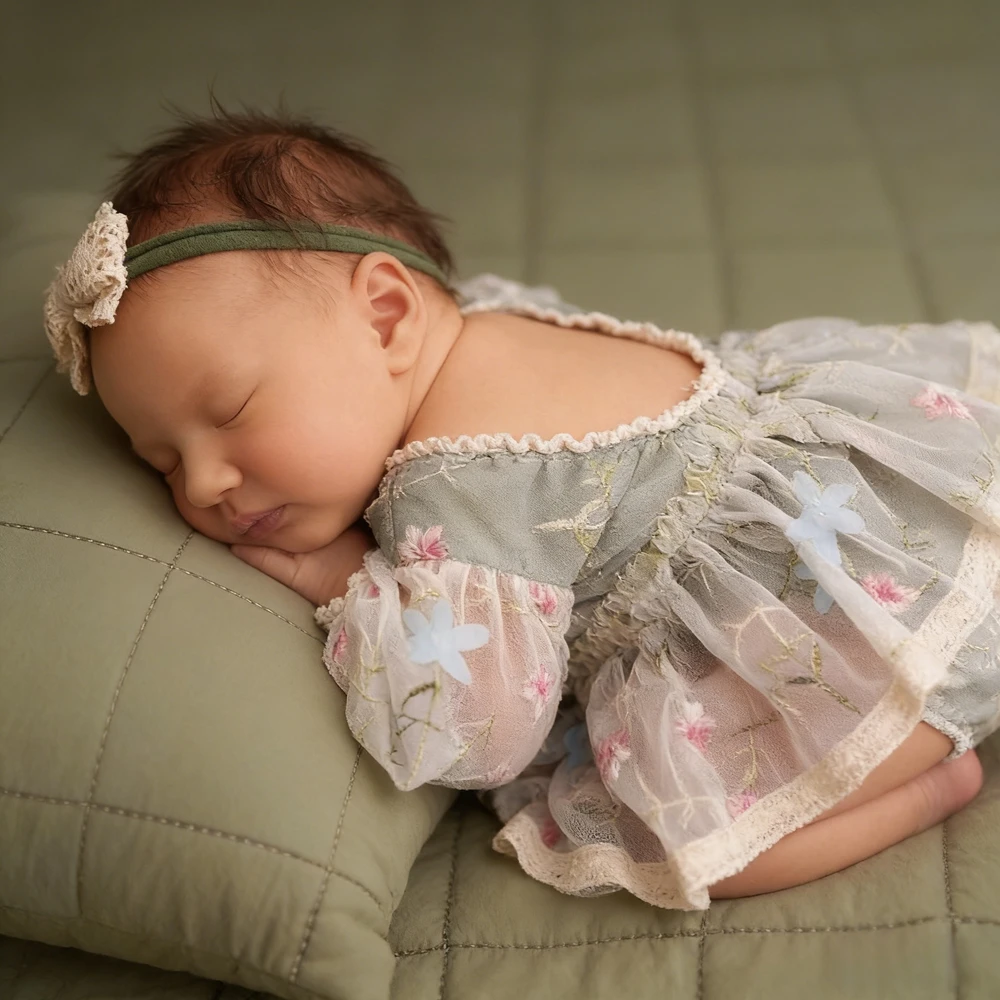 Newborn Photography Outfit Girl Floral Lace Tutu Romper Baby Photo Shoot Dress Infant Princess Long Sleeve Clothes