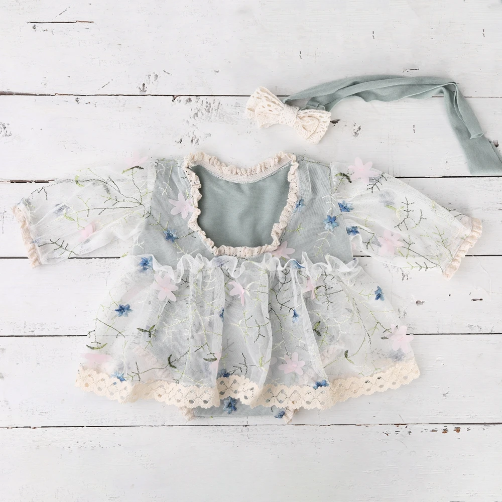 Newborn Photography Outfit Girl Floral Lace Tutu Romper Baby Photo Shoot Dress Infant Princess Long Sleeve Clothes